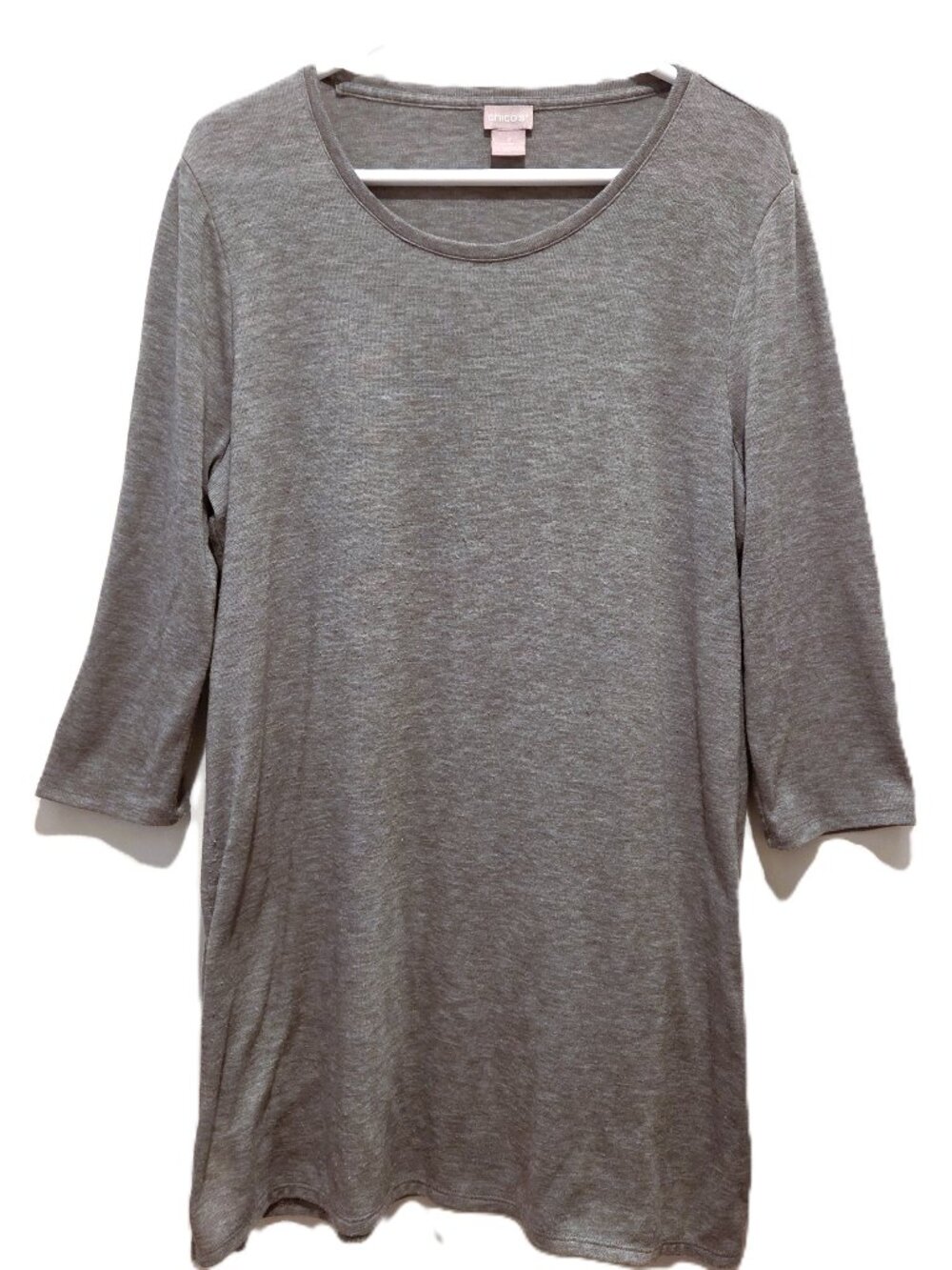 Chicos Soft Lightweight Sweater Tunic Shirt 3/4 Sleeve Grey Jersey Knit Large 2